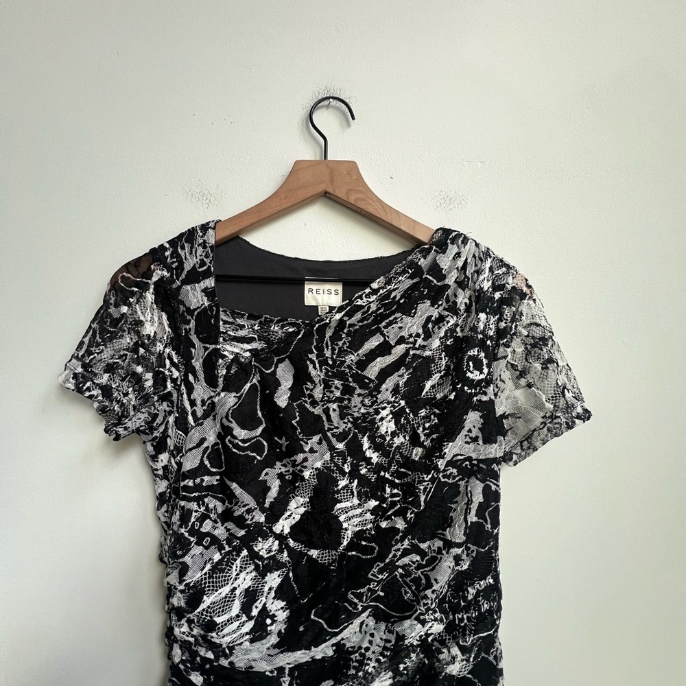 REISS Bodycon Romisa Draped Lace dress Asymmetrical Whimsical Y2K abstract print - Picture 5 of 15